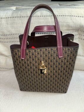 Brown Monogram Carolina Herrera Tote Bag with Plum Handles